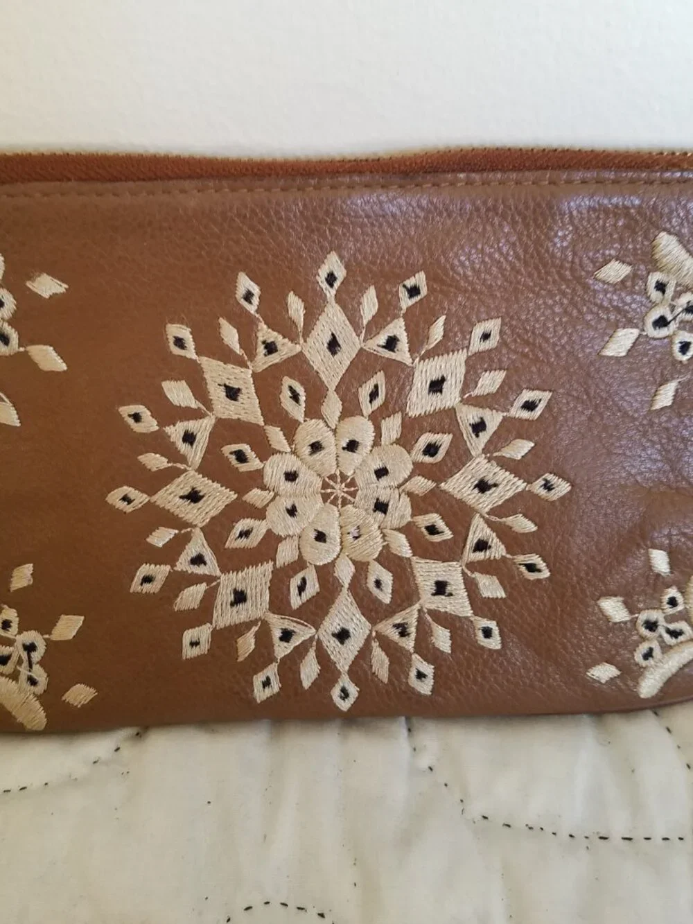 Wristlet LUCKY BRAND Casbah Leather Embroidered Cognac 12 Card Pockets